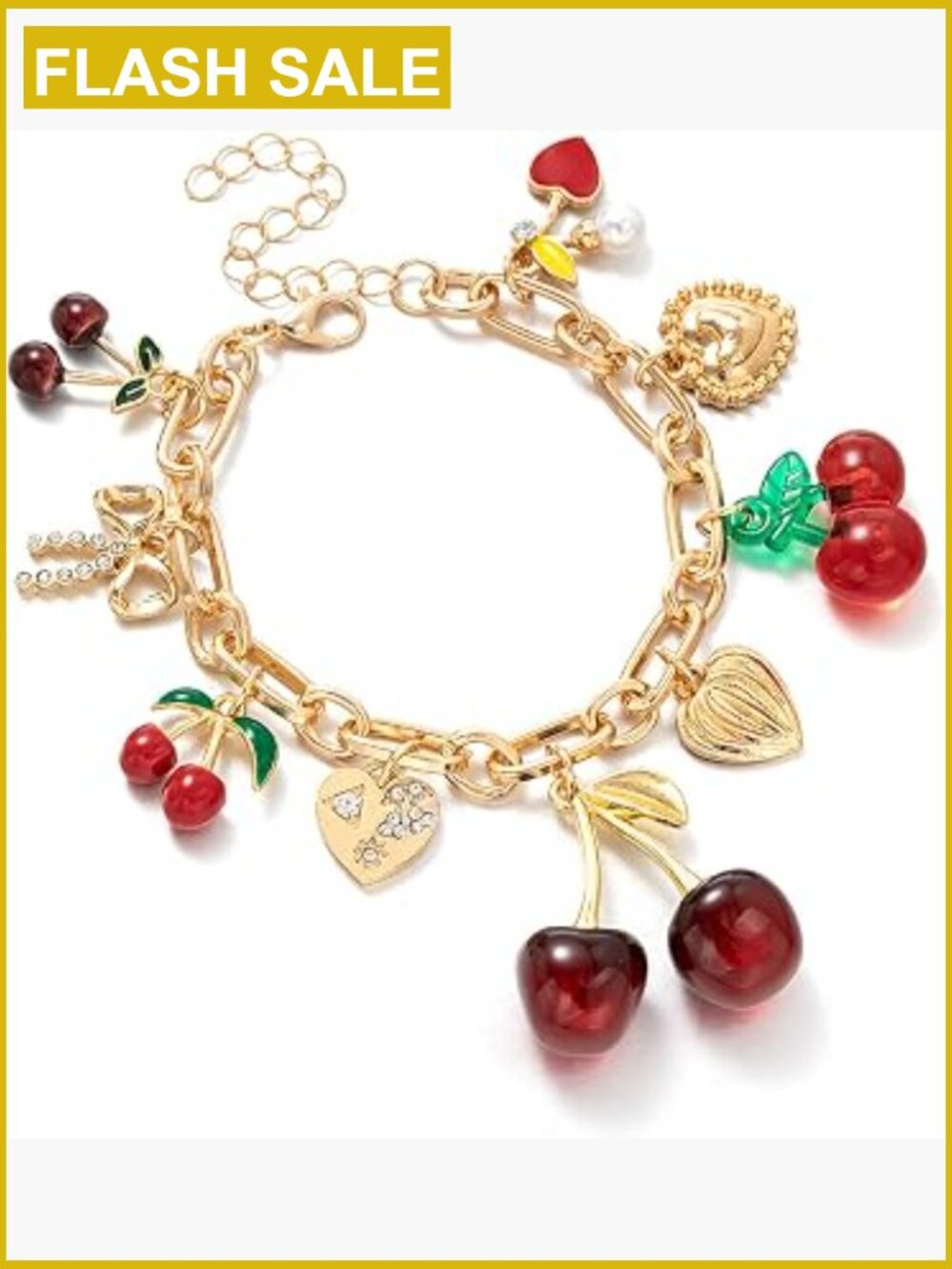 Chunky Cherry Heart Charm Bracelet 3D Fruit Enamel Pearl Adjustable Chain